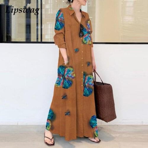 Women Elegant Loose Shirt Maxi Dress Lady Casual Turn-Down Collar Long Sleeve Party Dress Autumn Print Cotton Linen Long Dresses