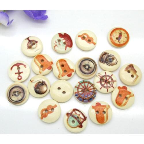 100pcs 15mm Mixed Natural Round Bell Anchor Pattern Wooden Buttons For Clothes Crafts Sewing Scrapbooking DIY Accessories