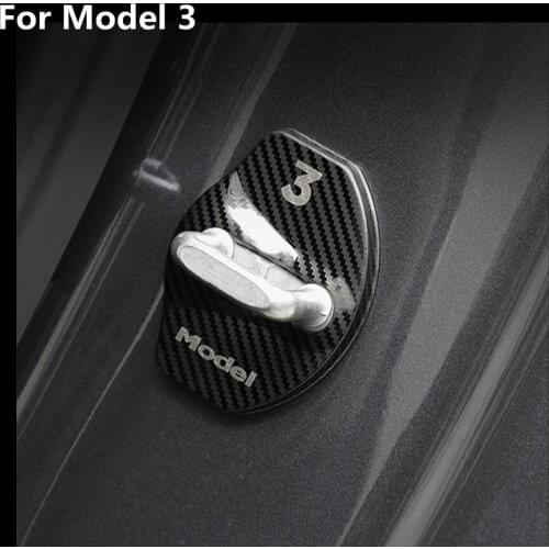 4 PCS Car Door Lock Cover for Tesla Model 3 Y 2018-2021 Stainless Steel Door Lock Striker Buckle Cap Protection Carbon Fiber