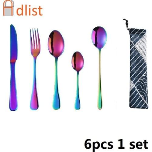 6pcs/set Rainbow Dinnerware Set Cutlery Set Stainless Steel Flatware Knife Fork Teaspoon Chopstick Spoon Tableware Portable Bag