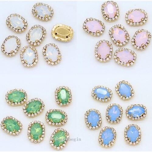 6p 18x25mm shiny oval white/green/pink opal sew on glass crysta trim stones chain claw accessori button craft jewelry diy beads