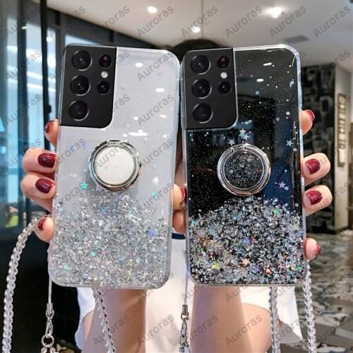 Auroras Glitter Bling Sequins For Samsung Galaxy S21 Ultra Case Starry Sky Stars With Ring Shockproof Cover For Samsung S21 Plus