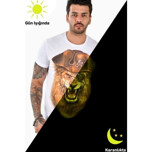DeepSEA Flourescent Glow in the dark Pirate Lion Printed T-Shirt Male Slim Fit Poplin Fabric Cotton Lycra Spring Summer 2102104