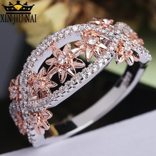 Hot New European Female Anniversary Wedding Ring Rose Gold Color Hollow Flower Zircon Ring Jewelry for Women US Size 6-10