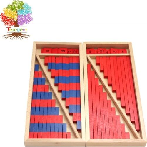 Treeyear Small Numerical Rods with Number Tiles Blue Red Color Wooden Box for Preschool Kids Montessori Mathematics Material