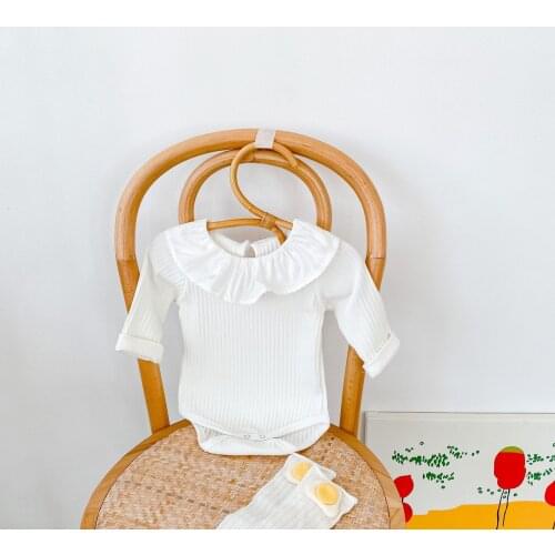2021 New Solid Color Baby Girl Ruffle Collar Bodysuit Autumn Infant Long Sleeve Clothes Cotton Toddler Bottoming Jumpsuit