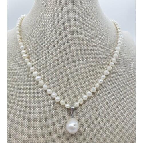 5-6MM Natural Freshwater Baroque Pearl Necklace + 13-15mm Edison Pearl Pendant, Pendant Color Randomly Sent