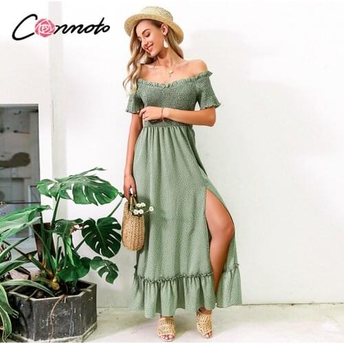 Conmoto beach summer off shoulder casual maxi dresses women polkad dot twist sexy slit ruffles long dress robe dress vestidos