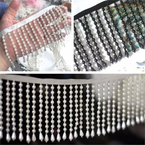 1Yard Handmade beaded pendant fringe lace tassel pearl lace trim DIY clothing accessories decoration