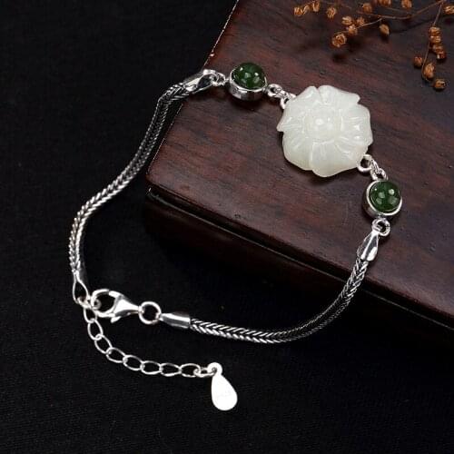 Silver Antique Thai silver mosaic and Tian Yu white jade plum blossom lady high-end Bracelet accessories wholesale