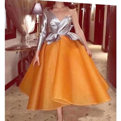 Chic Design Organza Sliver One Shoulder Long Sleeves Midi Evening Dress Custom Made Special Occasion Party Formal Gown Dtesses