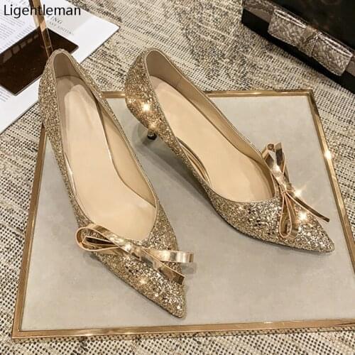 Golden Grete High Heels Shoes Woman Basic 2021 New Shiny Grete Bow Pointed High Heels Sexy Fashion Party Bride Women Shoes Pumps