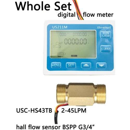 US211M Digital Flow Meter Totalizer with Brass Flow Sensor USC-HS43TB G3/4" Hall Flow Sensor 2-45LPM iSentrol Saier Sesnor China