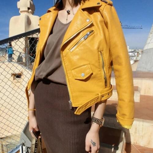 ZCWXM PU Zipper Leather Jacket Short Yellow Motorcycle Jackets Pink With Belt Classic Basic Spring Women Faux Leather Outwear