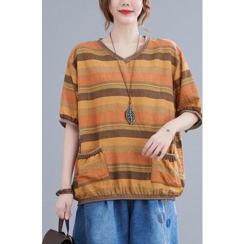 Women Cotton Linen Casual T-shirts New Arrival 2021 Simple Style V-neck Striped Loose Comfortable Female Tops Tees B441