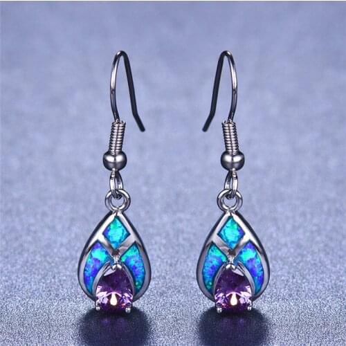 Girls Cute Purple Water Drop Earrings 925 Sterling Silver Filled Vintage Blue Fire Opal Earrings For Women Teardrop Earrings