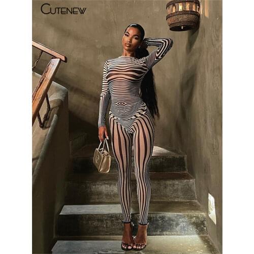 Cutenew Mesh Striped Print 2Piece Set Women Outfit Sexy Body-Shaping Long Sleeve O-Neck Top+Skinny Elastic Pants Lady Casualwear