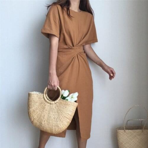 2021 Summer Women Elegant Tunic Dress Short Sleeve Casual Silm Waist Work Midi Vestidos Robe