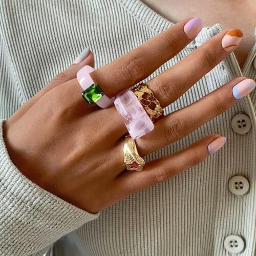 Vintage Macaron Color Acrylic Geometric Star Gem Rings for Women Ladies Trending Alloy Finger Knuckle Rings Set Jewelry Gift