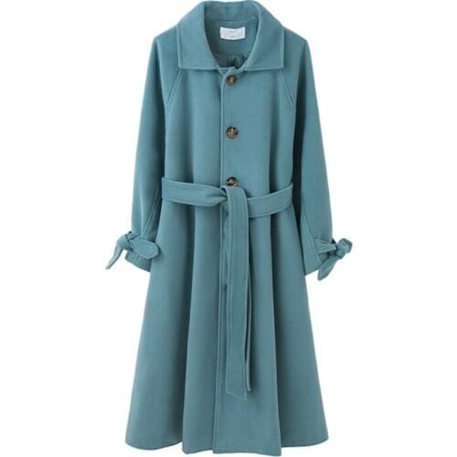 PERHAPS U Women Vintage Blue Pink Blend Coat Long Sleeve Pocket Sash Belt Turn Down Collar Button Winter C0506