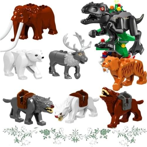 Animals Zoo Animal Wolf Horse Elepant Mammoth Elk Dinosaurs Model Figure Blocks Construction Building Bricks Toys For Children