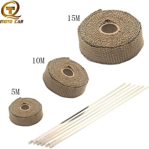 1PC Motorcycle Exhaust Heat Wrap 5M/10M/15M Tape Thermal Exhaust Tape Turbo Pipe Heat Gold Exhaust Systems with 6 Stainless Ties