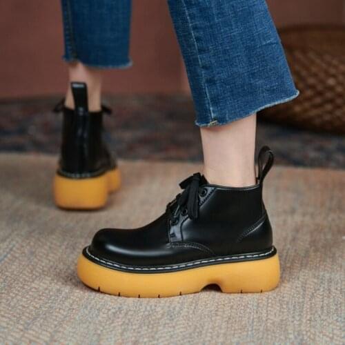 2021 New Autumn Women Shoes Split Leather Round Toe Thick Heel Ankle Boots Solid Lace-up Platform Short Fashion Boots for Women