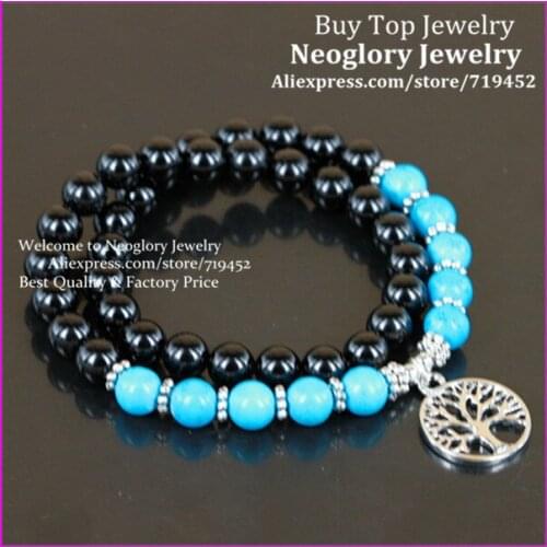 5PCS Turquose With Black Onyx Stone Beads Bracelet Double Wrap Bracelet Silver Tree of Life Charm Yoga Energy Bracelet