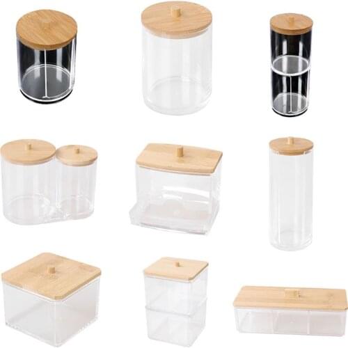 Akeup Cotton Pads Swab Storage Bin Case Cosmetics Organizer Box with Bamboo Cover for Women Makeup Holder Supplies