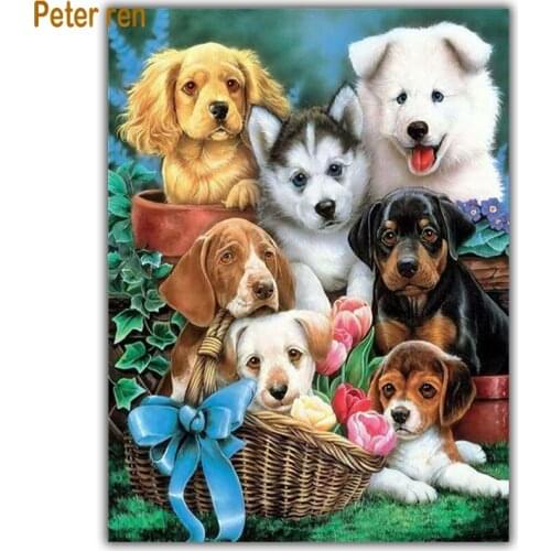 Diamond painting cross stitch Home Decor Square\Round diamond mosaic Full Diamond embroidery Dog group and tulips in the basket