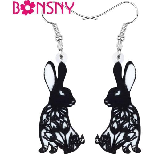 Bonsny Acrylic Black Easter Paper Cutting Hare Rabbit Bunny Earrings Big Animal Dangle Drop Jewelry For Women Girl Festival Gift