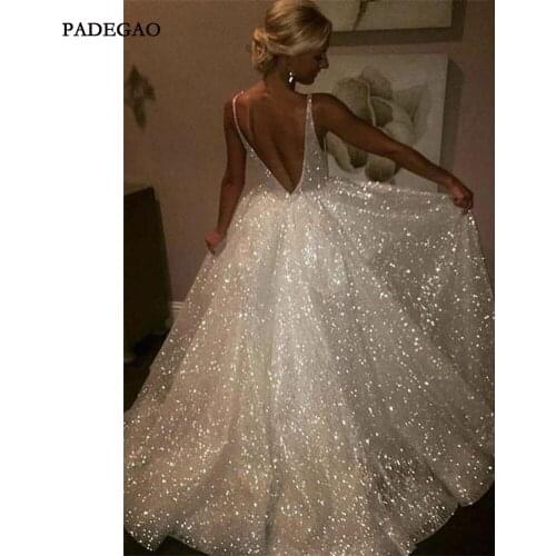 Sparkly Sexy Evening Gowns Beautiful V Neck Long Ivory Backless Wedding Dresses Prom Dresses