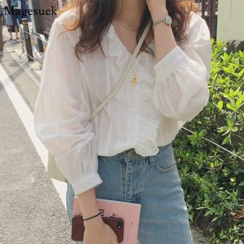Spring Cotton Women Tops Blouse Casual Ruffles V-neck Loose White Blouses Shirts Puff Sleeve Office Ladies Tops Blusas 8561 50