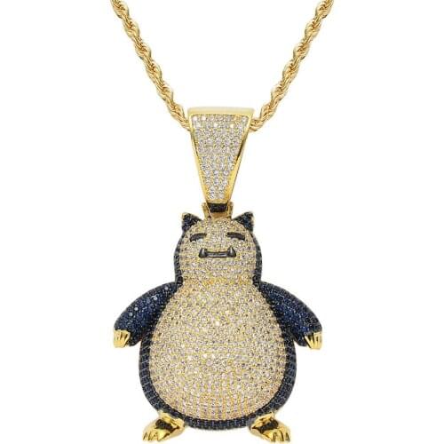Luxury Full Cubic Zircon Snorlax Pendant Necklace For Men Women Hip Hop Anime Figure Jewelry Gift Dropshipping