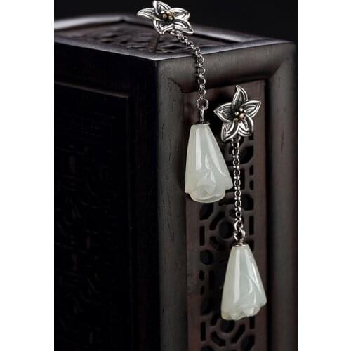 Pure silver inlay restoring ancient ways hetian jade white jade lady high-grade silver earrings wholesale rose