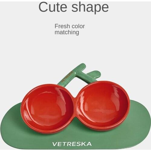 Cherry Shaped Ceramic Cat Bowl Double Bowl Anti-slip and Anti-knock Cat Food Bowl Cat Feeder Cat Supplies Cat Accessories