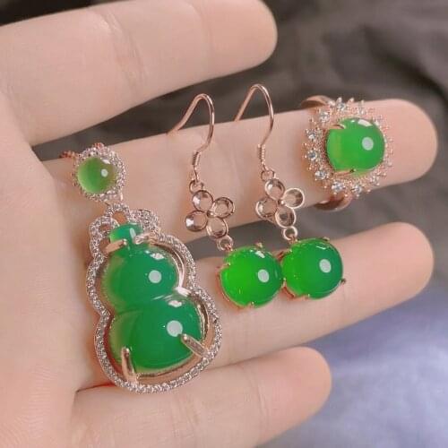 LETSFUN 3pcs 925 Sterling Silver Natural Green Jade Gemstone Cat Pendant Necklace Bracelet Earrings Set Jewelry Set