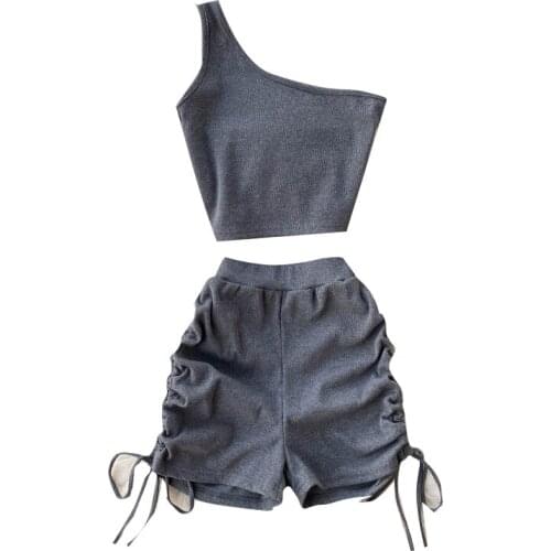 Korea Fashion Suit Womens Summer tops SexyOne shoulder diagonal collart Short Top T Shrit + High Waist Drawstring foldshorts