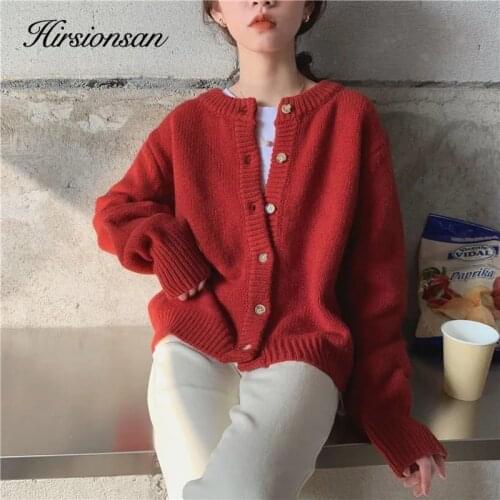 Hirsionsan Chic Red Crop Cardigan Women Elegant Cashmere Knitted Sweater2020 New Vintage Outwear Korean Female Casual Jumper