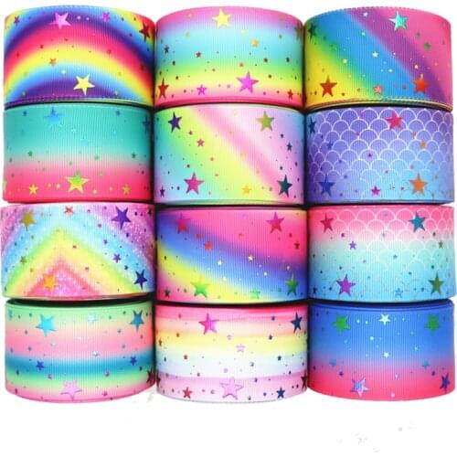 10 Yards 1.5" 38MM Shiny Rainbow Gold Star Printed Grosgrain Ribbon For Hair Bows DIY Crafts Handmade Accessories M19090201