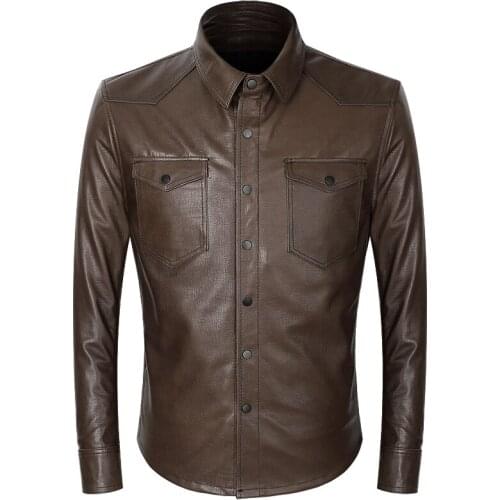 Mens Genuine Natural First Layer Sheepskin Leather Jacket Short Slim-fit Brown Sheep Leather Jacket Autumn Coat Plus Size XL