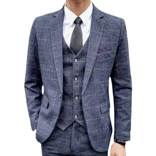 2021 New Men Business Suit 3 Piece Set Slim Fit Plaid Wedding Suits Fashion Single-breasted Tuxedo Blazers and Pants with Vest