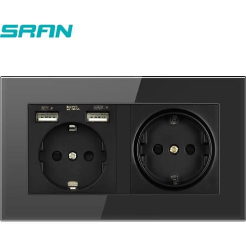 Wall mounted glass panel 16A power socket, EU standard multi plug, with 2 USB charging ports, hidden LED indicator