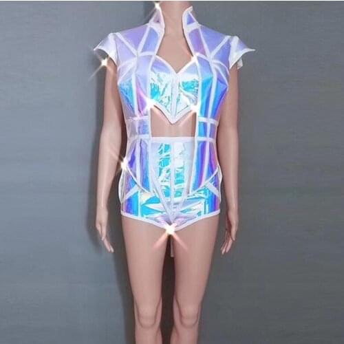 2019 New design Sexy Blue Laser 3-piece Set Stage Wear Outfit Female Singer Dancer Show Costume Performance Nightclub Wear