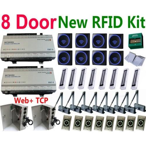 New 8 Door RFID Reader kit with Web Access Controller board+8 Card reader+8 magnetic lock+8 door closer+2 ups power+8 exit+card