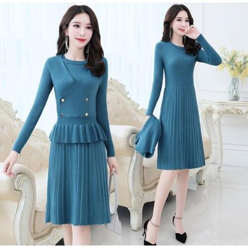 2020 Autumn Winter Turtleneck Knit Dress Women Vintage Small Fragrance Style Long Two Piece Suit Chic Slim Fit Bottoming Dress