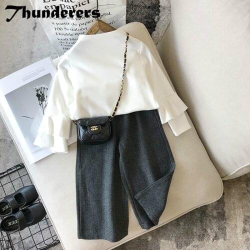 2020 Autumn Girls Set White Asymmetric Flare Sleeve Shirt and Japanese Herringbone Wide Leg Pants girls clothing girls outfits