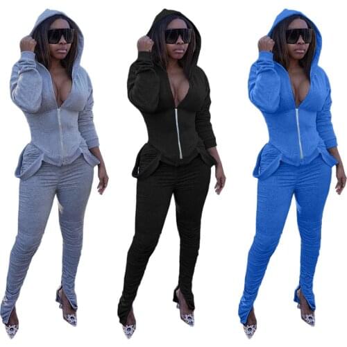 Echoine Autumn Women Sportwear High Waist Hoodies Stacked Slit Hem Pants Suit Active Wear Tracksuit Two Piece Set Fitness Outfit