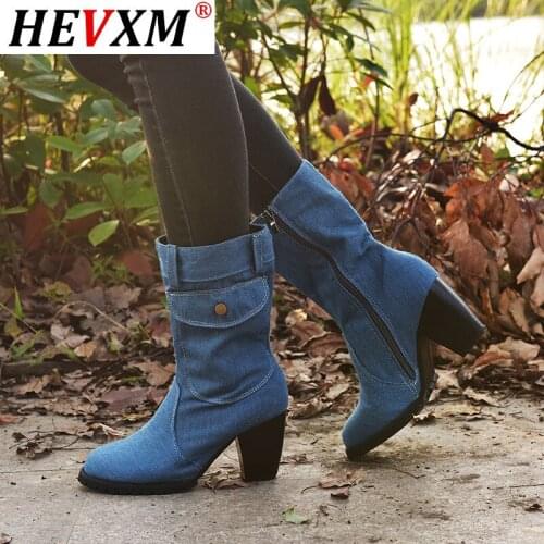 Unique 2020 Women Autumn Winter Boots Denim Design Shoes for Girls Mid-Calf Pocket High Heel Boots Winter Shoes Women