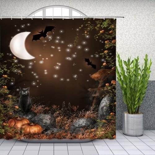 Halloween Shower Curtains Orange Pumpkin Black Cat Bat Vien Flower Moon Stars Night View Holiday Themed Bathroom Decor Curtain